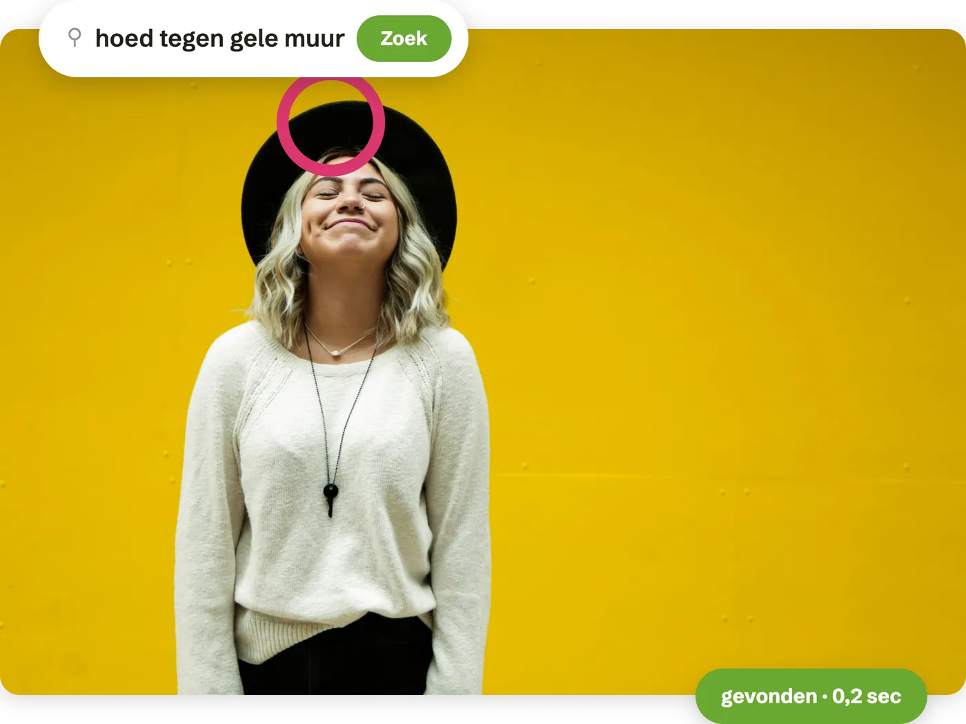 Lachende vrouw met zwarte hoed tegen een gele muur, gevonden met de zoekopdracht "hoed tegen gele muur".