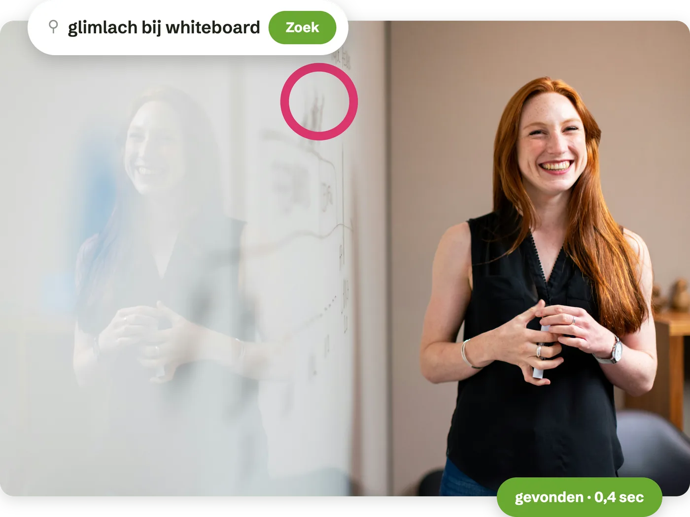 Glimlachende vrouw bij een whiteboard tijdens een werksessie.